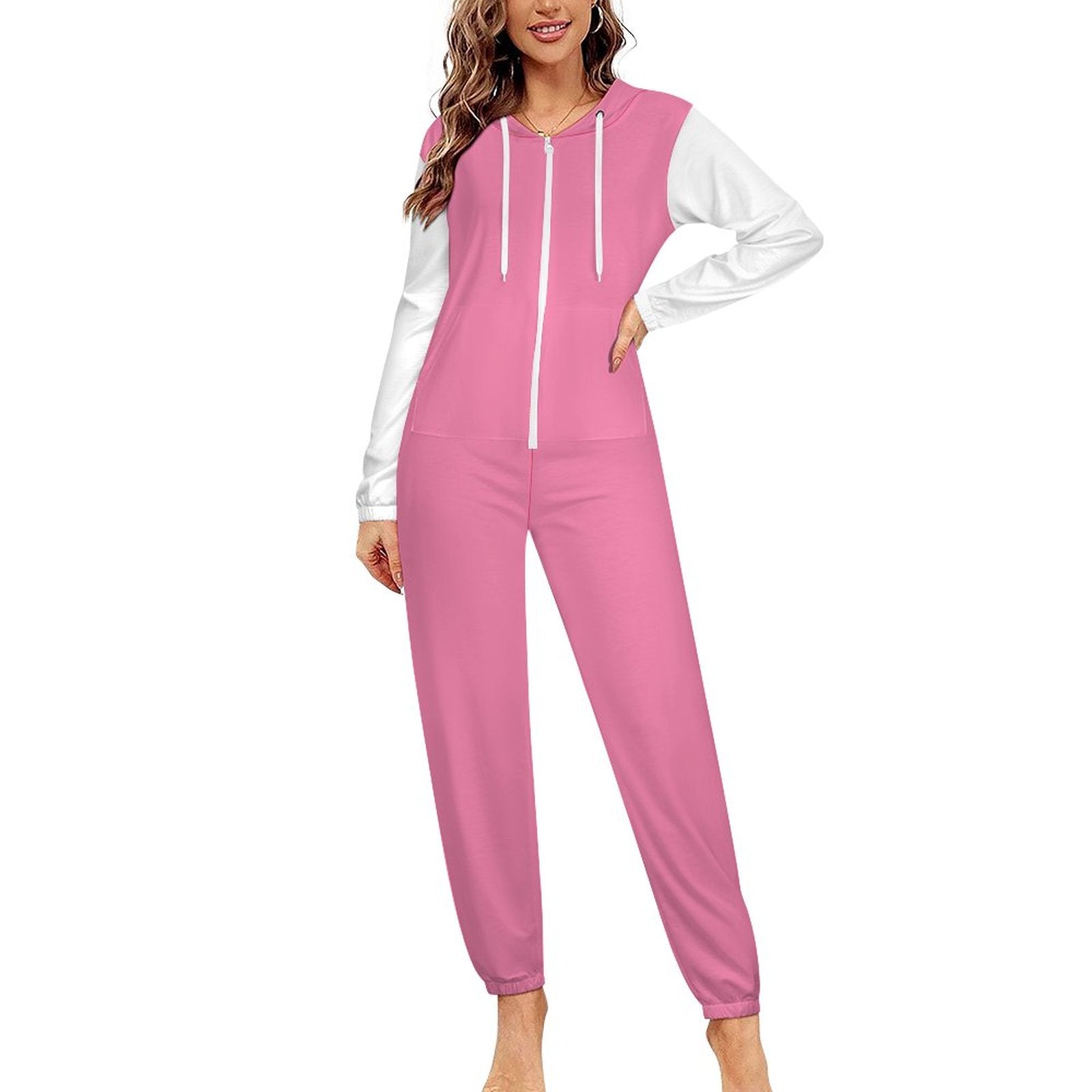 Faux Cotton Women Zip up Jumpsuit Pajama (Pink)
