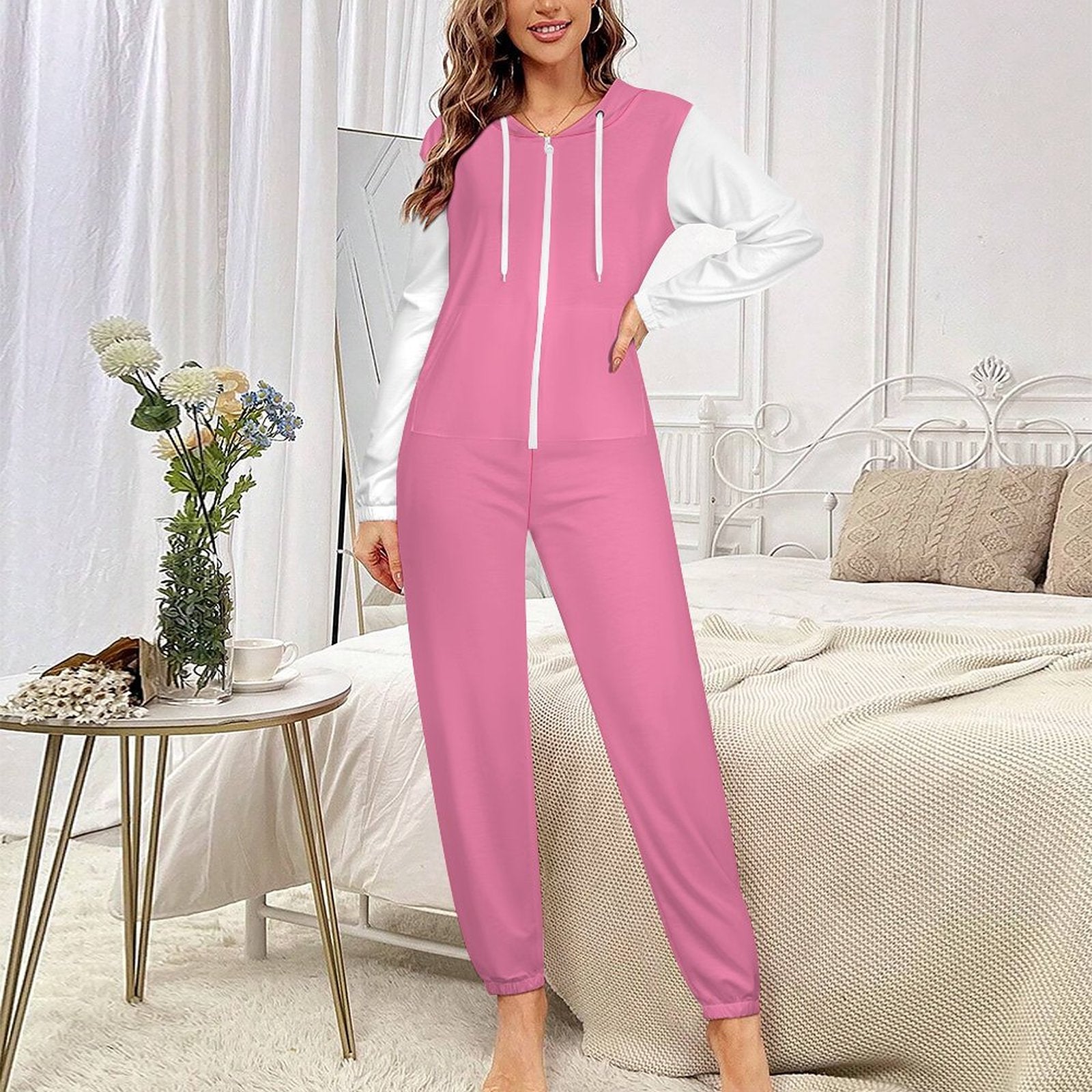 Faux Cotton Women Zip up Jumpsuit Pajama (Pink)
